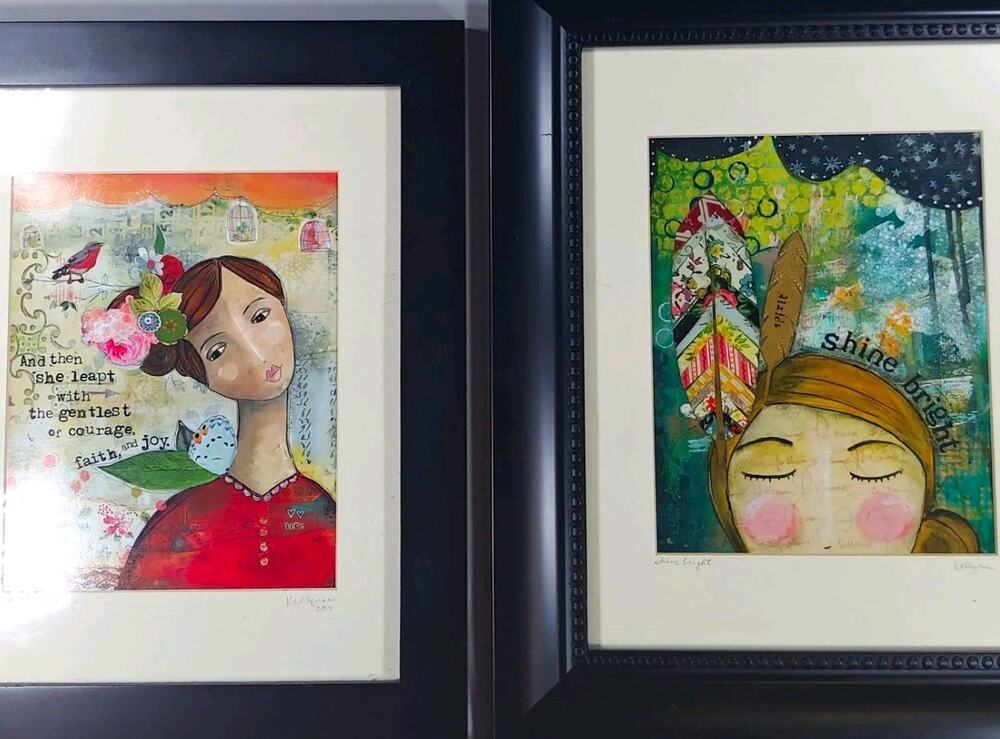 Kelly Rae Roberts 2 Signed Framed Matted Print Set Gentle Courage Shine Bright